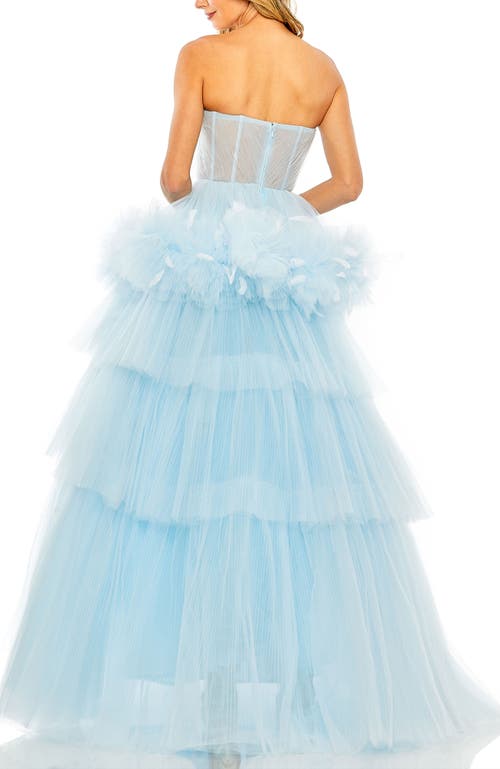 Mac Duggal Feather-trimmed Tulle Ballgown With Sweetheart Neck And Tiered Skirt In Ice Blue