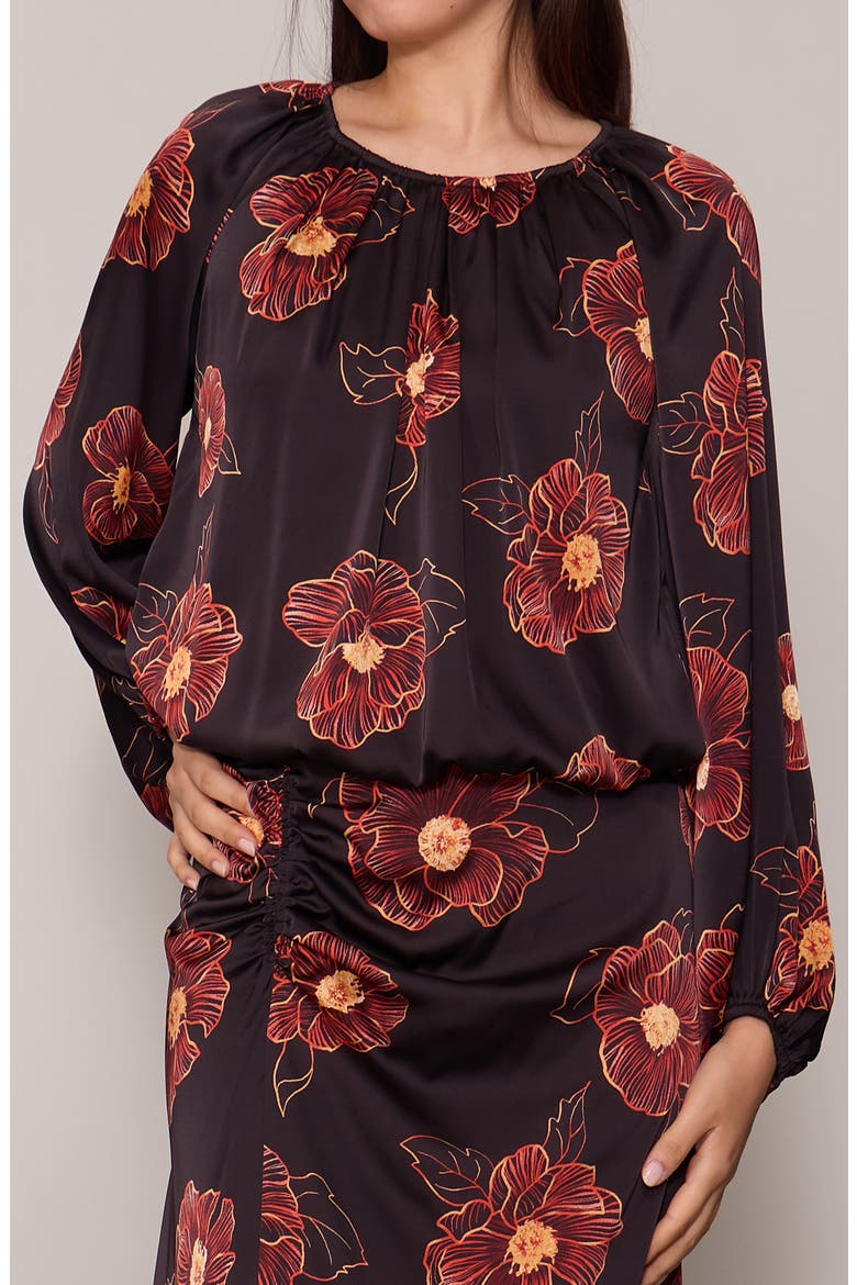 Floral Long Sleeve Bubble Hem Top, Main, color, BLACK FIERY ORANGE FLORAL