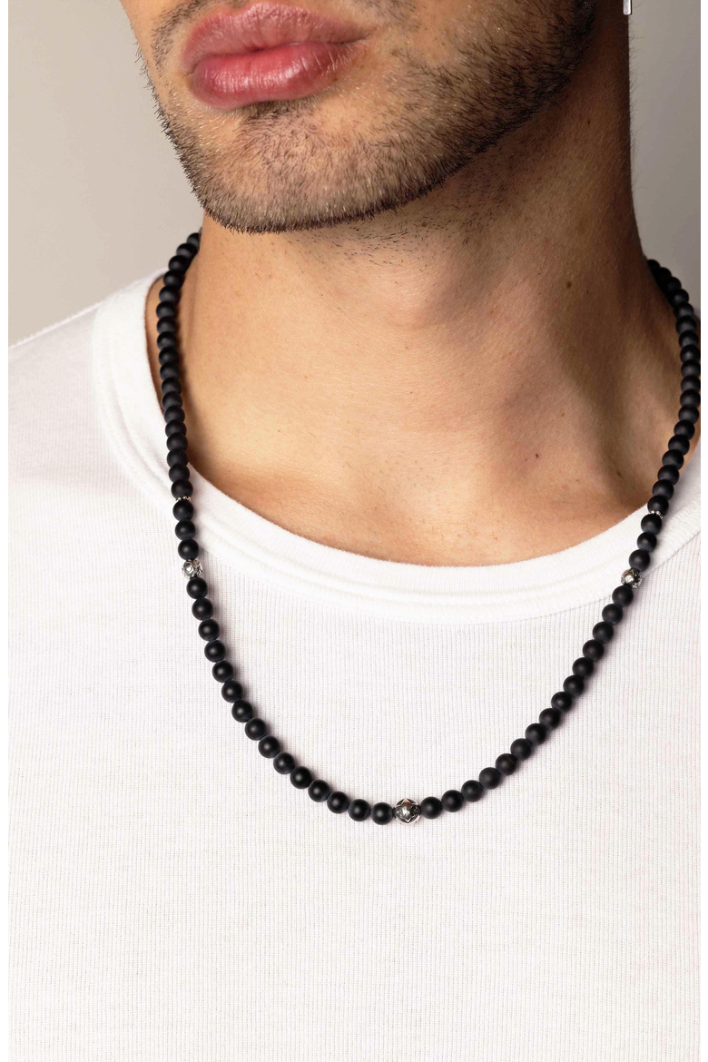 Stone Beaded Necklace, Alternate, color, Matte Onyx / Silver