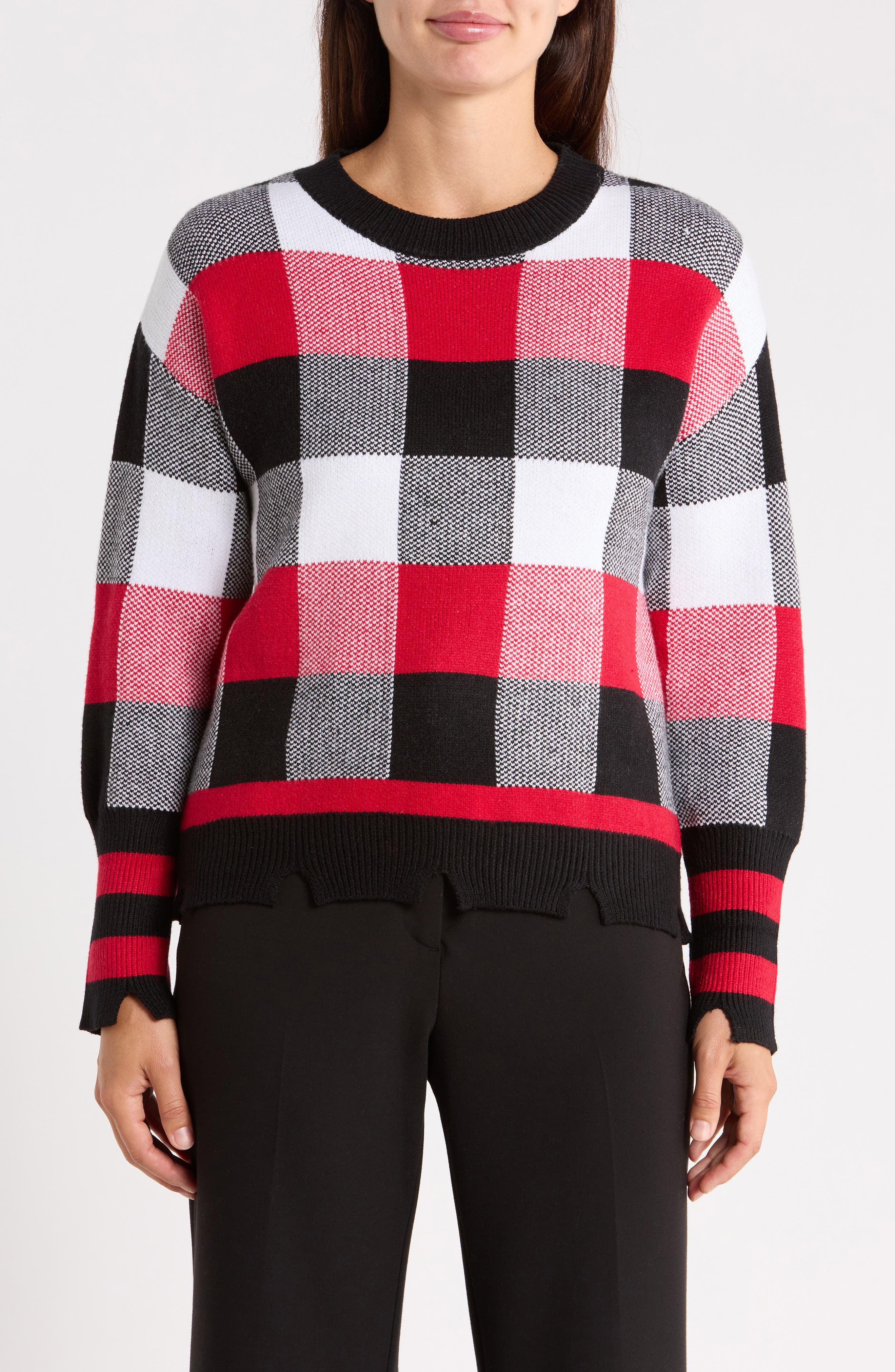 Plaid Distressed Crewneck Sweater