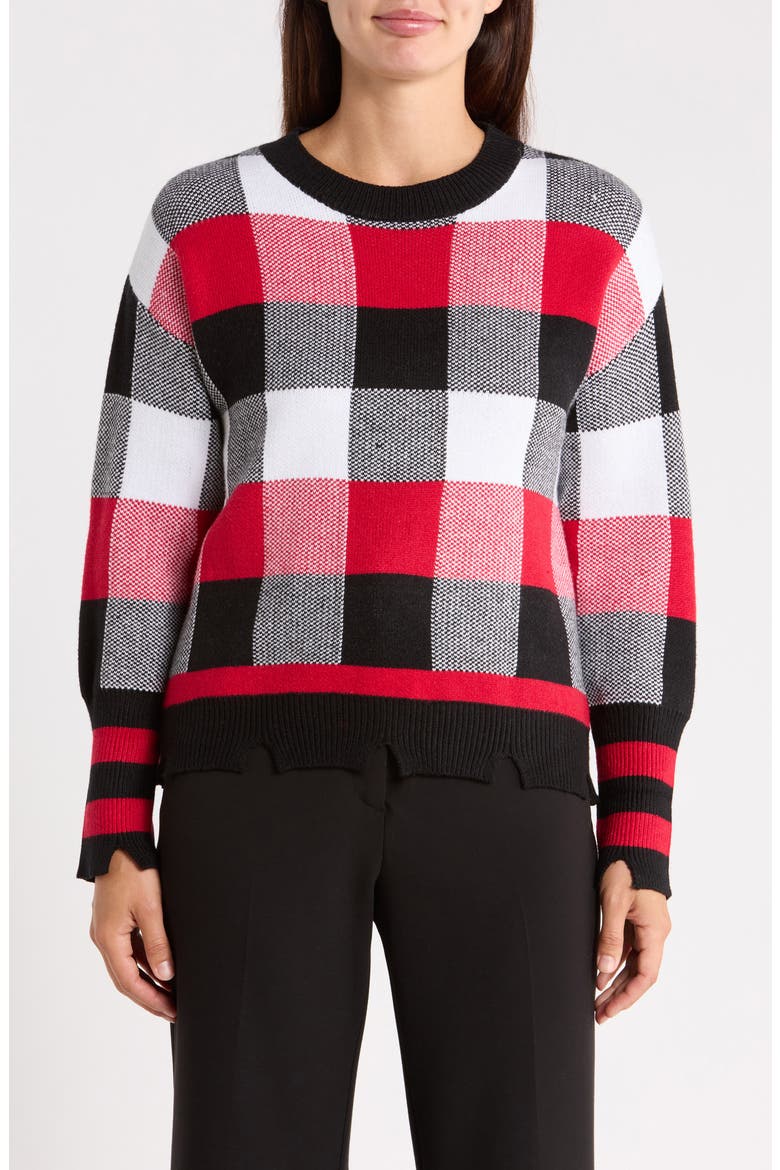 Plaid Distressed Crewneck Sweater, Main, color, RED