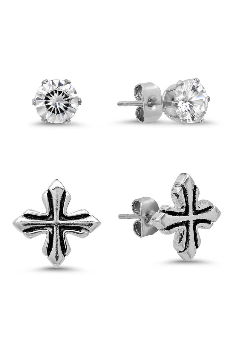 Men's Stainless Steel Cross and Solitaire Stud Earrings, Main, color, SILVER