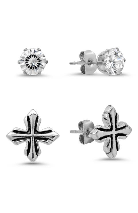 Men's Stainless Steel Cross and Solitaire Stud Earrings