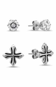 Men's Stainless Steel Cross and Solitaire Stud Earrings