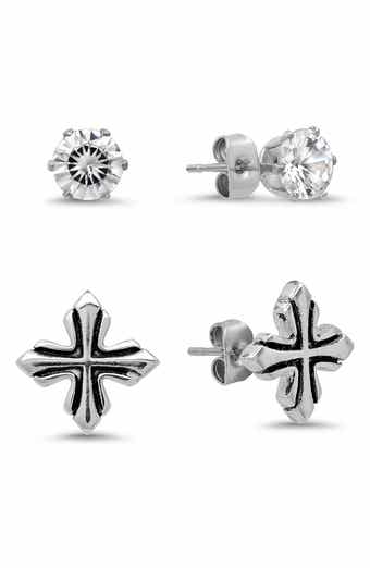 Men's Stainless Steel Cross and Solitaire Stud Earrings