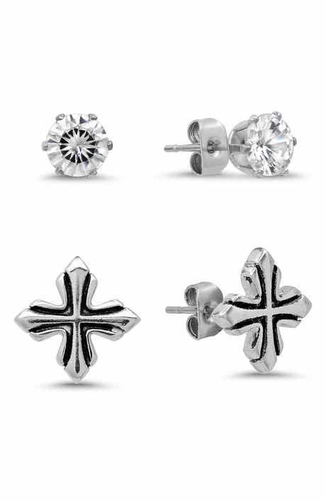 Men's Stainless Steel Cross and Solitaire Stud Earrings