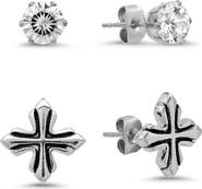 STEELTIME Men's Stainless Steel Cross and Solitaire Stud Earrings