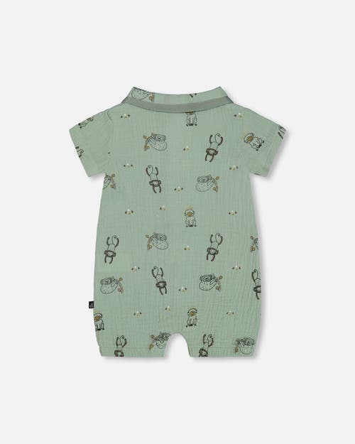 Deux Par Deux Baby Boy's Printed Muslin Romper Sage Monkey In Sage Monkey