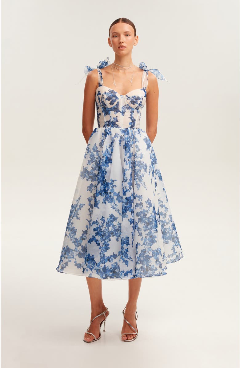Milla Charming Blue Hydrangea-Patterned Organza Midi Dress, Alternate, color, Blue-Navy