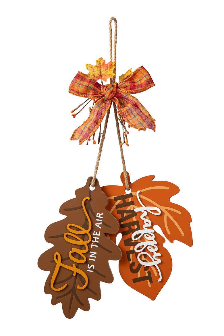 Fall Wooden Maple Leaves with Bowknot Door Hanger, Main, color, Orange