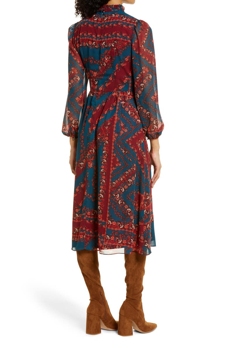 Floral Long Sleeve A-Line Midi Dress, Alternate, color, TEAL MULTI
