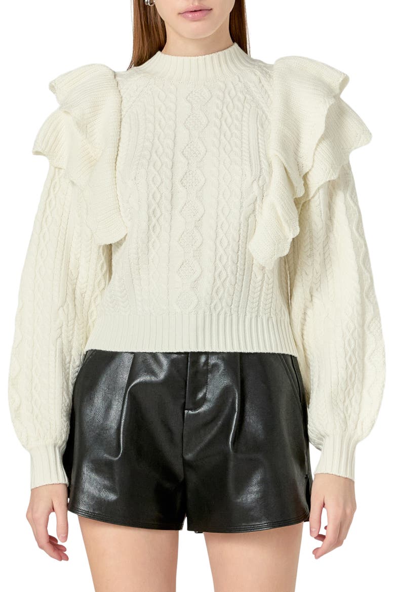 Ruffle Cable Stitch Sweater, Main, color, IVORY