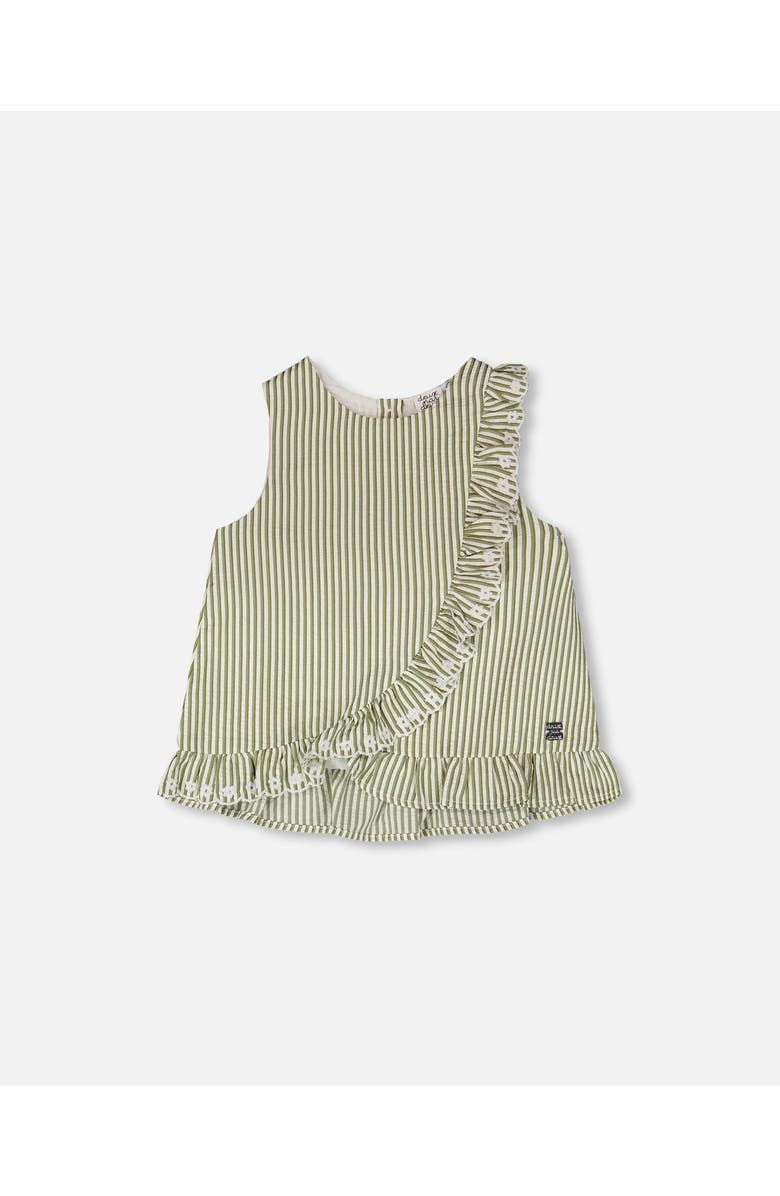 Deux par Deux Sleeveless Embroidered Ruffle Stripes Top, Main, color, Green & Off White Stripes