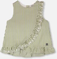 Deux par Deux Sleeveless Embroidered Ruffle Stripes Top
