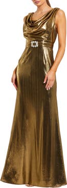 Mac Duggal Women's Metallic Sleeveless Cowl Neck Trumpet Gown With Belt