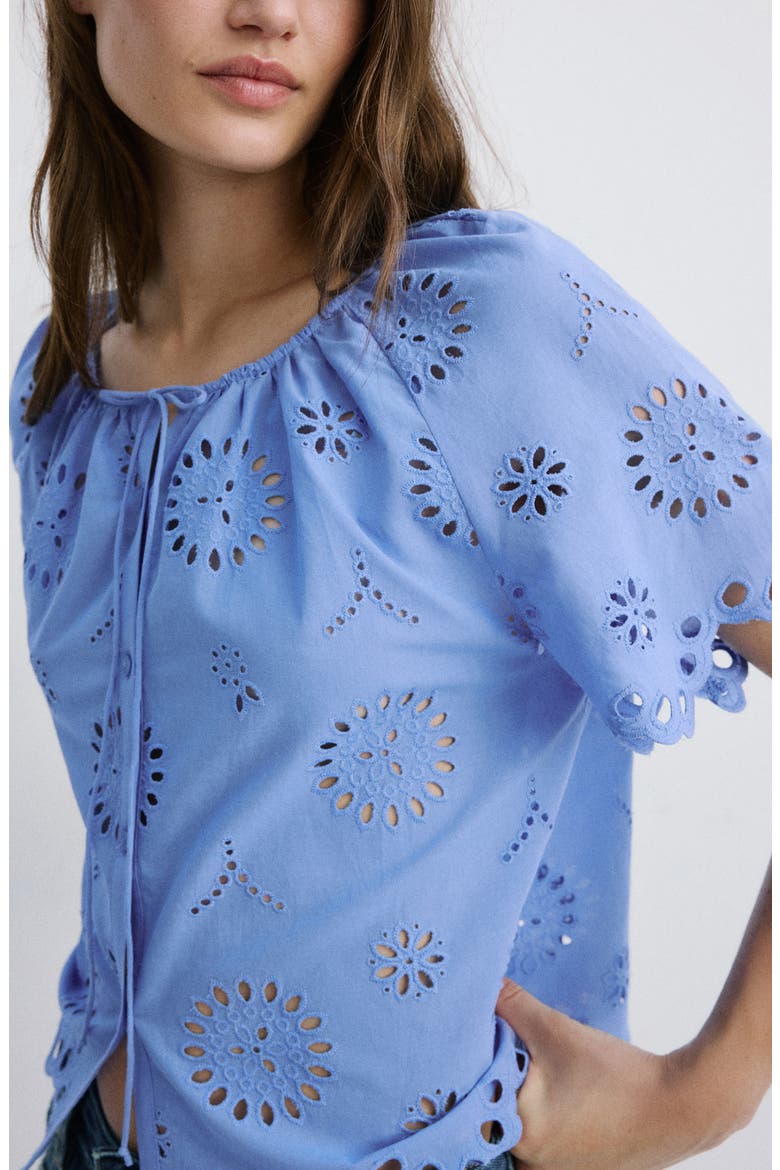 Openwork Embroidered Cotton Button-Up Top, Alternate, color, BLUE