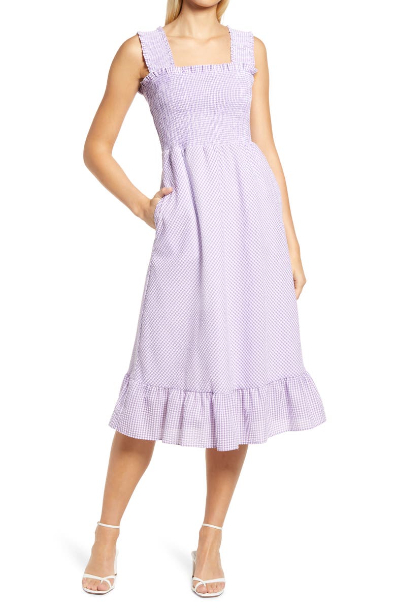 Eliza J Smocked Gingham Seersucker Midi Sundress, Main, color, 