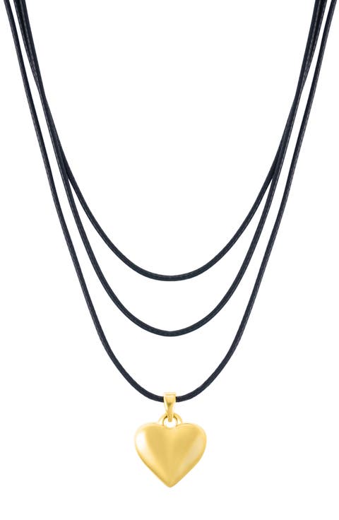 14K Gold Pleated Puffy Heart Long Necklace