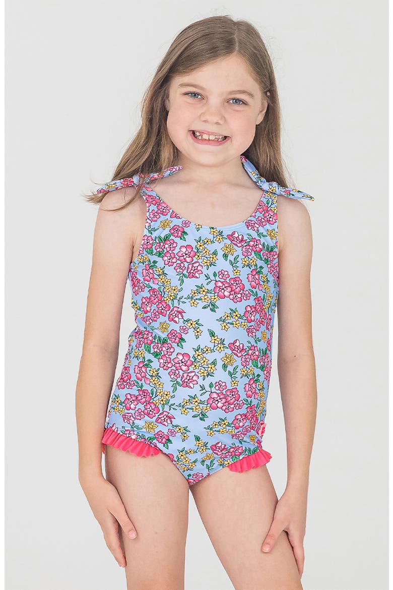 Kids' Cheerful Blossoms Tie Shoulder One-Piece Swimsuit, Alternate, color, BLUE/ PINK MULTI