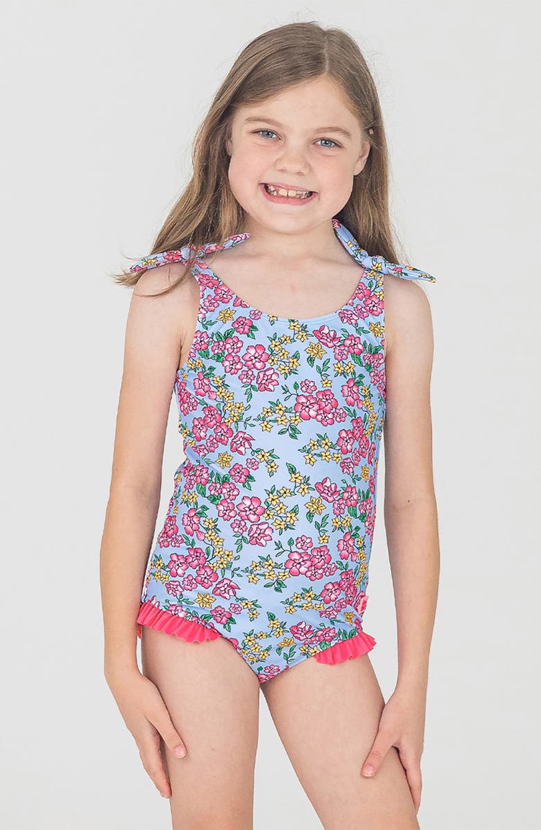 RuffleButts Kids' Cheerful Blossoms Tie Shoulder One-Piece Swimsuit, Alternate, color, Blue/ Pink Multi