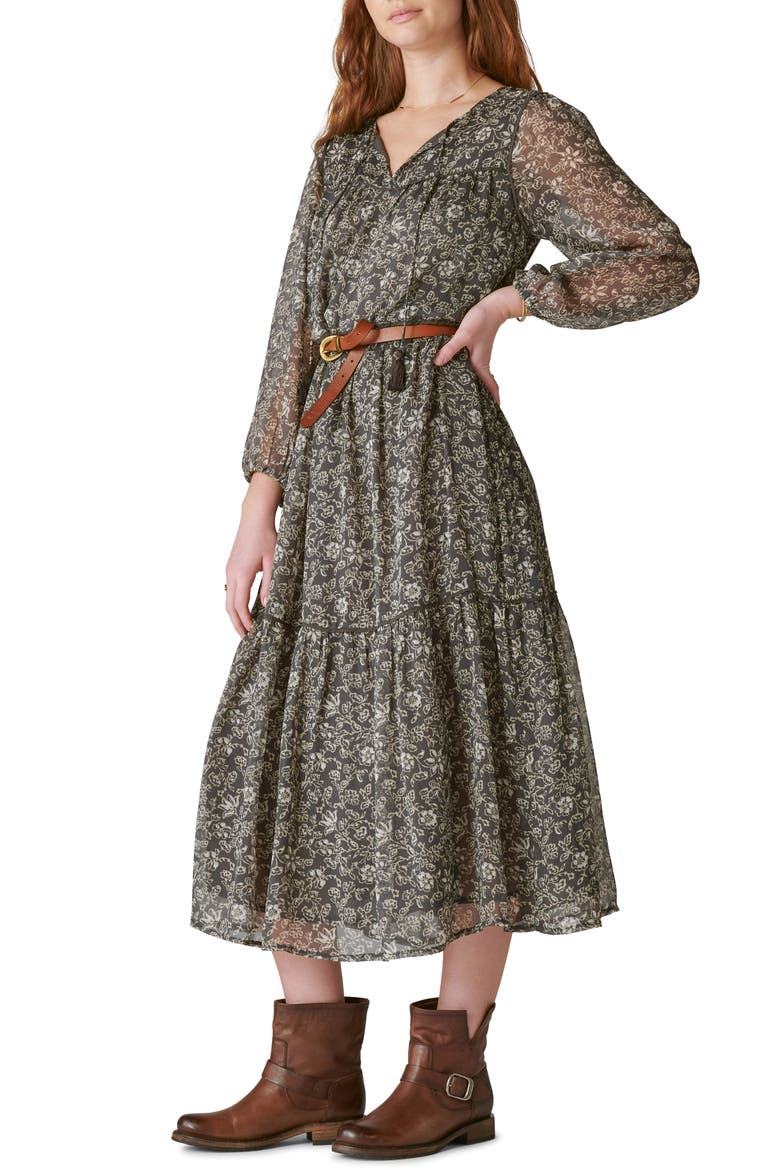 Floral Print Long Sleeve Tiered Maxi Dress, Alternate, color, RAVEN MULTI