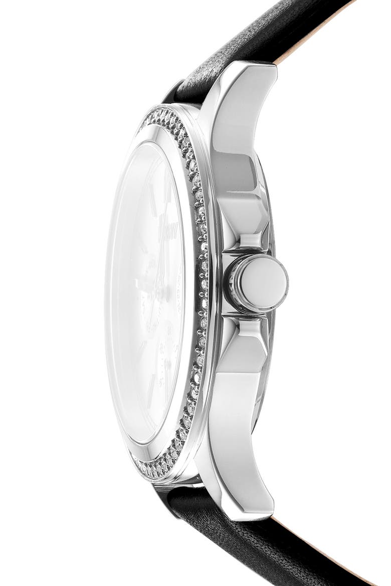 Crystal Bezel Leather Strap Watch, 38mm, Alternate, color, BLACK