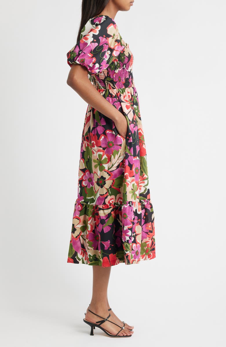 Anne Klein Puff Sleeve Smocked Bodice Cotton Sundress, Alternate, color, Anne Black Multi