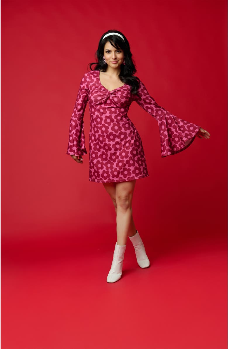 Smak Parlour Printed Trumpet Sleeve Tunic Mini Dress, Alternate, color, Pink Burgundy