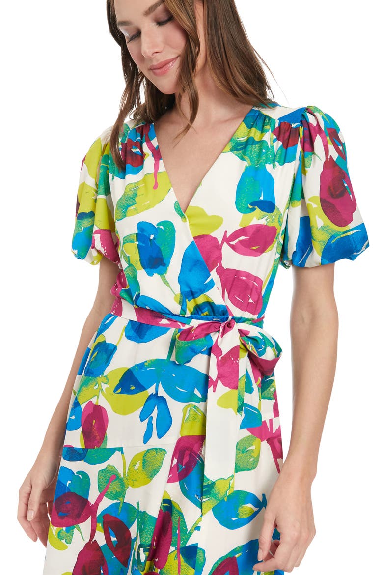 Floral Puff Sleeve Midi Dress, Alternate, color, CREAM/ BERRY