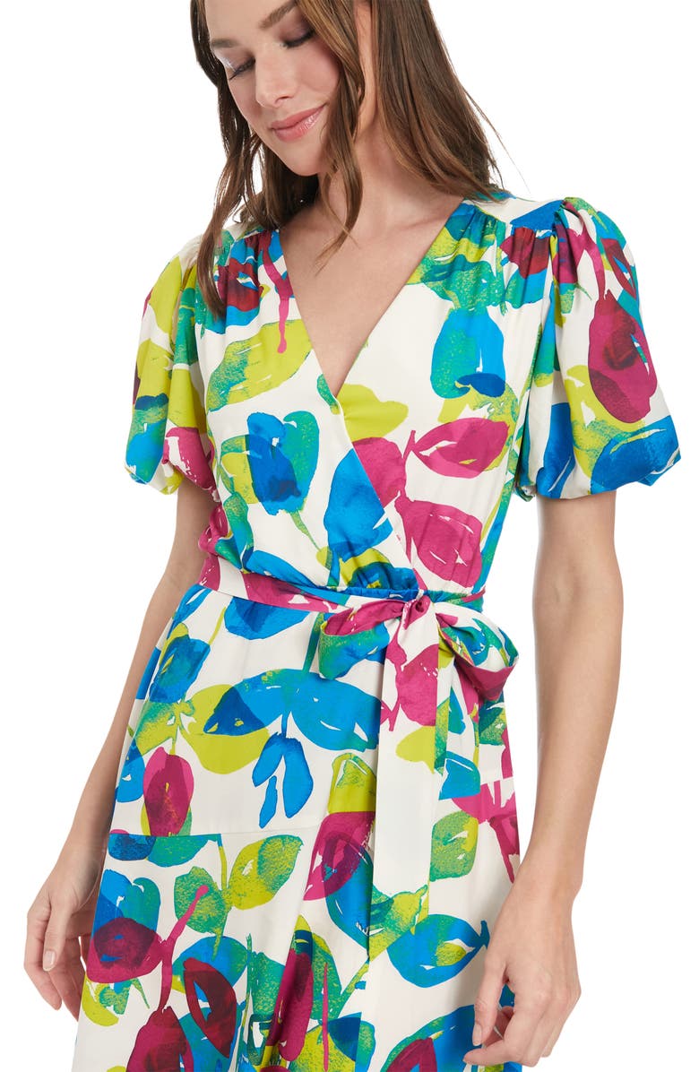 London Times Floral Puff Sleeve Midi Dress, Alternate, color, Cream/ Berry