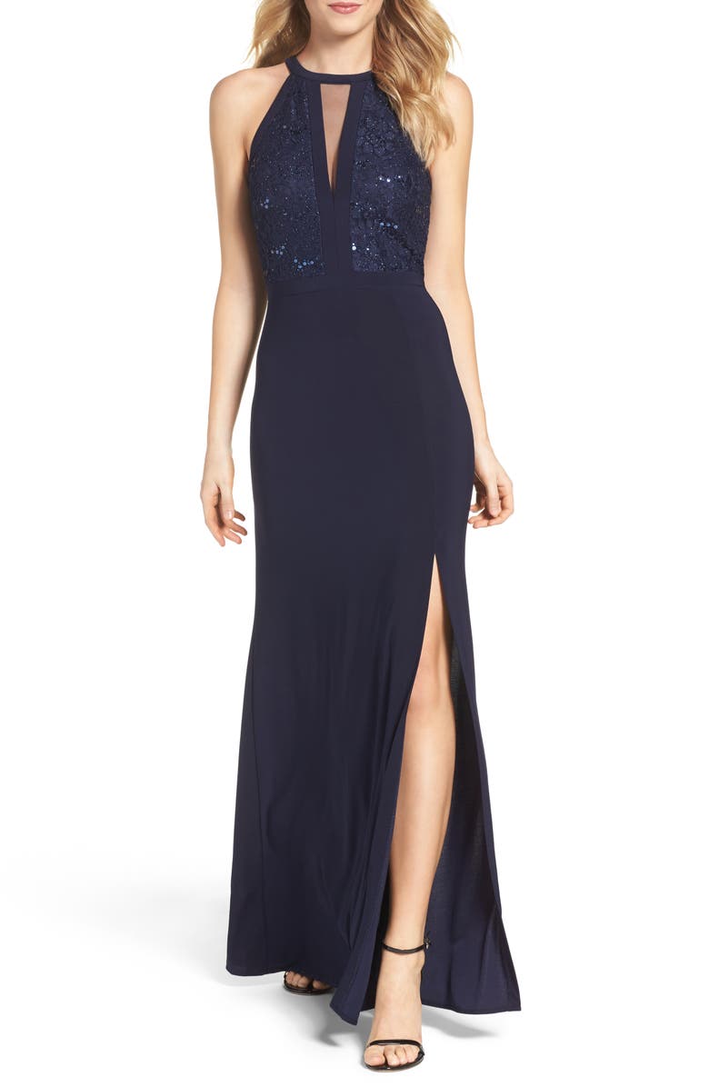 Morgan & Co. Lace & Jersey A-Line Gown, Main, color, 
