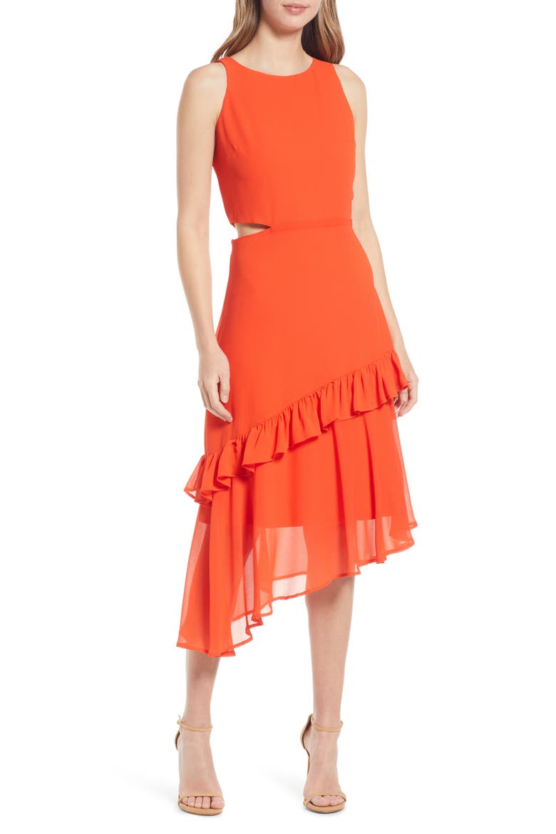 Ruffle Cutout Midi Dress, Main, color, CORAL