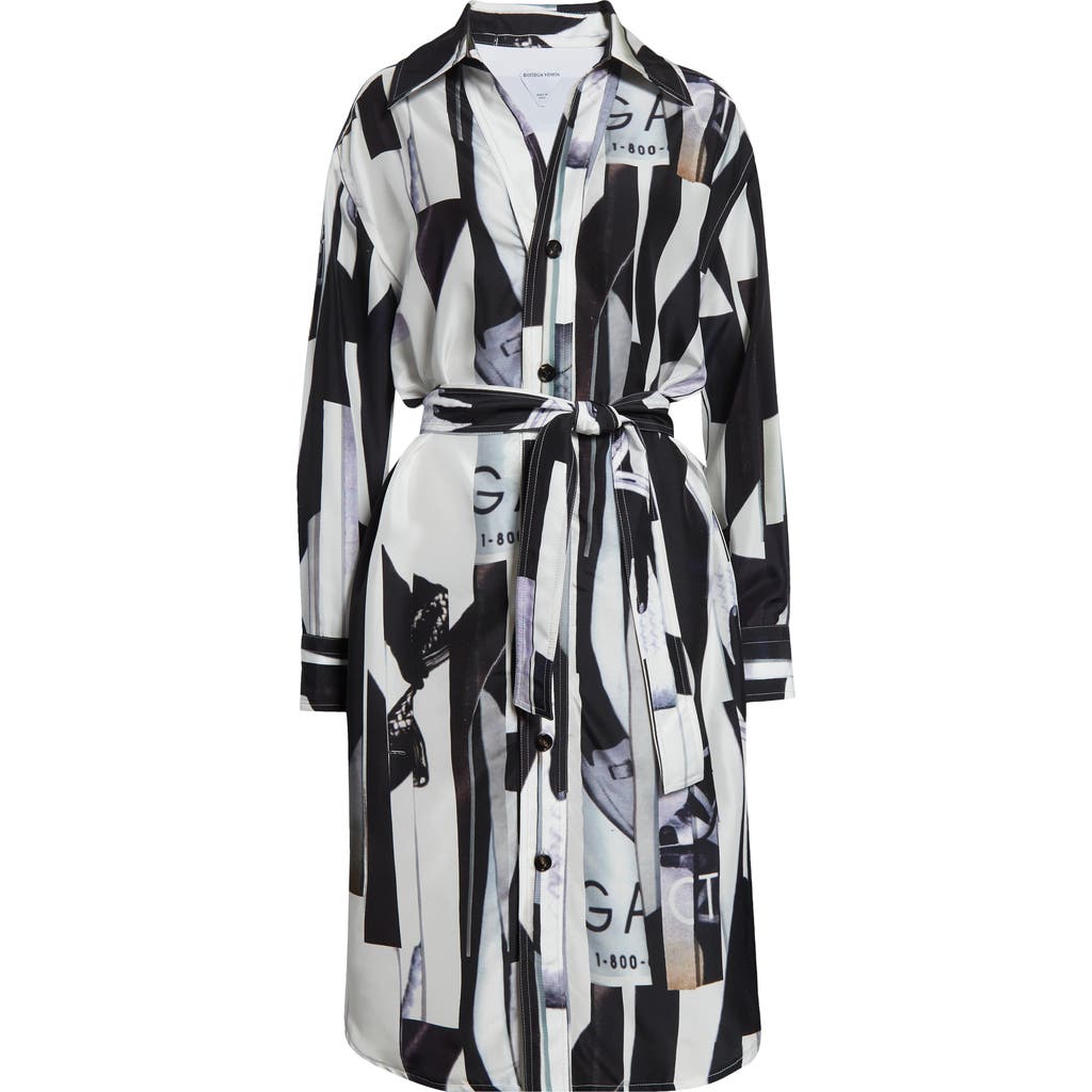 Bottega Veneta Print Long Sleeve Silk Shirtdress In 9060 Chalk/black