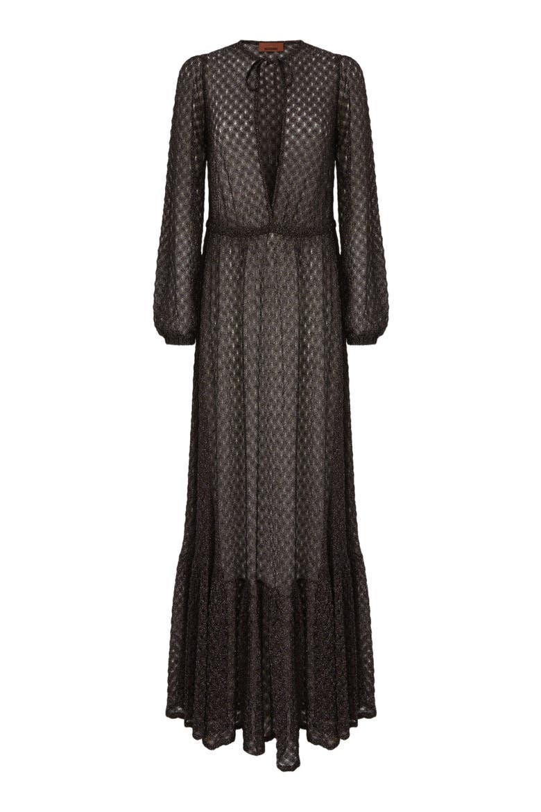 Long Cover-up Dress In Lamé Viscose With Spiderweb Motif And Flounces, Alternate, color, Brown