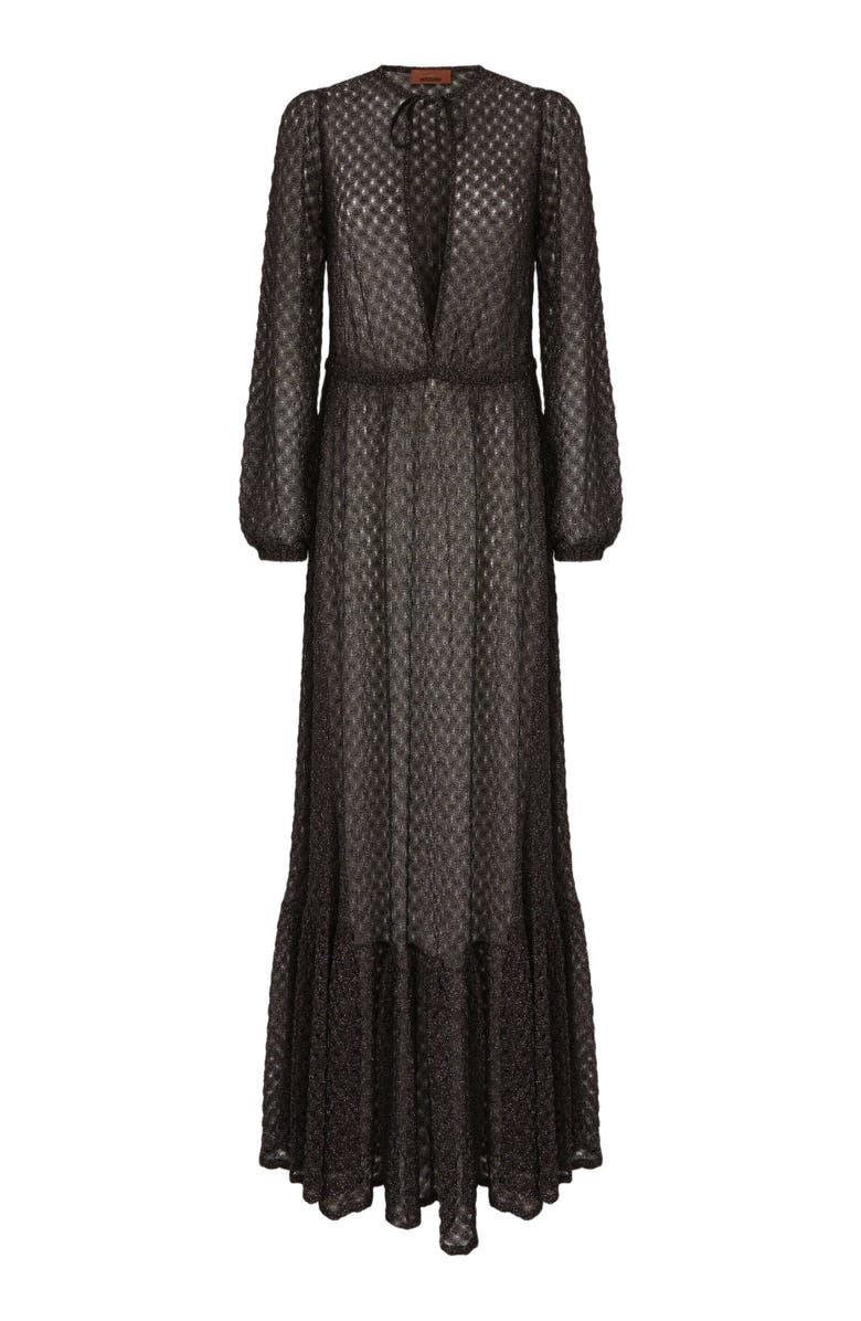 Missoni Long Cover-up Dress In Lamé Viscose With Spiderweb Motif And Flounces, Alternate, color, Brown
