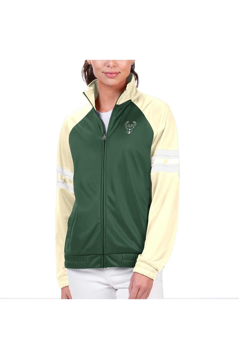 Women's G-III 4Her by Carl Banks Hunter Green Milwaukee Bucks Main Player Raglan Rhinestone Full-Zip Track Jacket, Main, color, Hunter Green