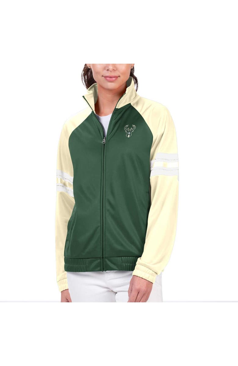 G-III 4HER BY CARL BANKS Women's G-III 4Her by Carl Banks Hunter Green Milwaukee Bucks Main Player Raglan Rhinestone Full-Zip Track Jacket, Main, color, Hunter Green
