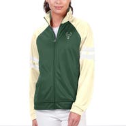 G-III 4HER BY CARL BANKS Women's G-III 4Her by Carl Banks Hunter Green Milwaukee Bucks Main Player Raglan Rhinestone Full-Zip Track Jacket