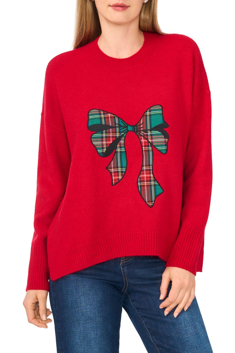Tartan Bow Crewneck Sweater, Main, color, GLAMOUR RED