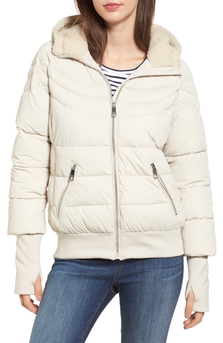 GUESS Oversize Hooded Puffer Jacket with Knit & Faux Shearling Trim, Main, color,