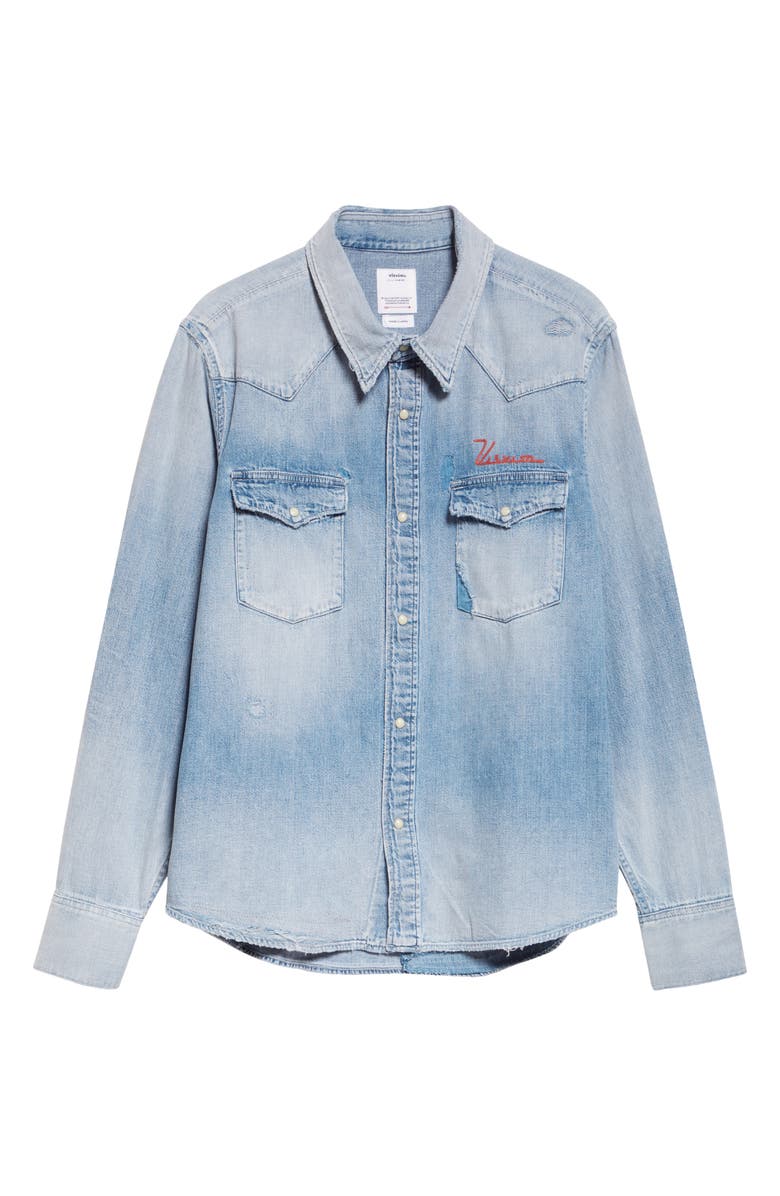 VISVIM Social Sculpture Distressed Denim Shirt, Alternate, color, Crash