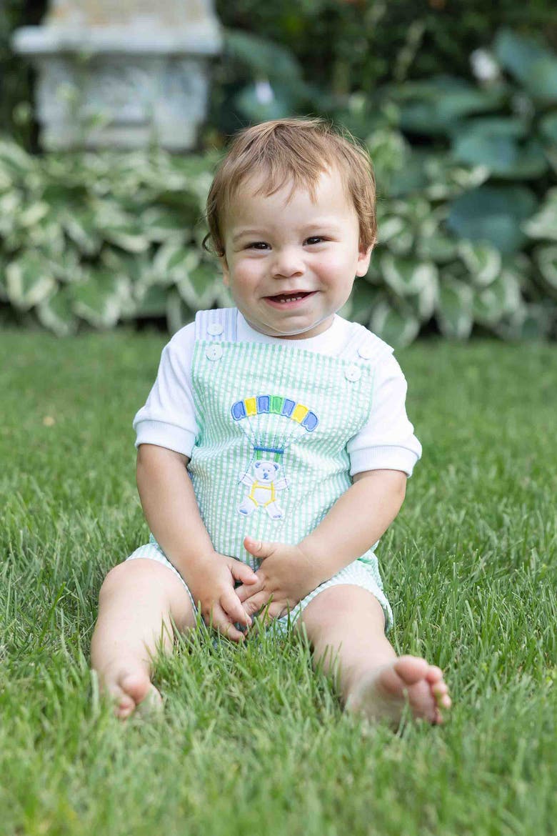 Seersucker Shortall With Parachute Bear, Alternate, color, Green/Blue