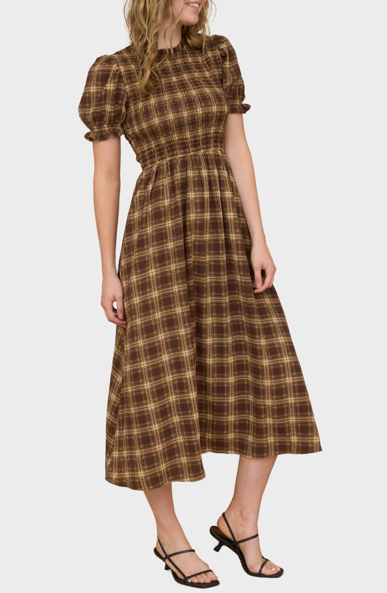 AUGUST SKY Smocked Puff Sleeve Midi Dress, Alternate, color, Brown Multi