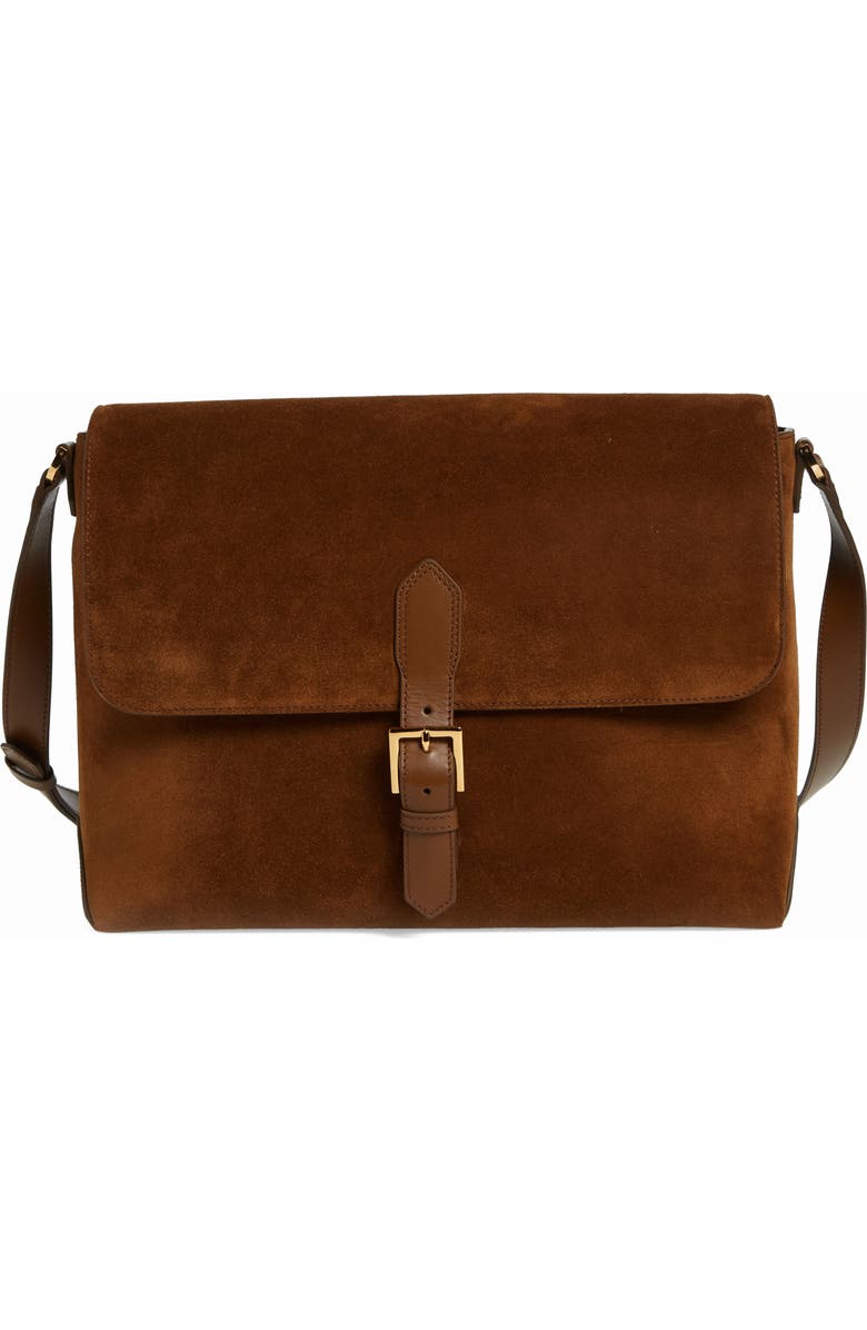 TOM FORD Suede Messenger Bag, Main, color, Cigar