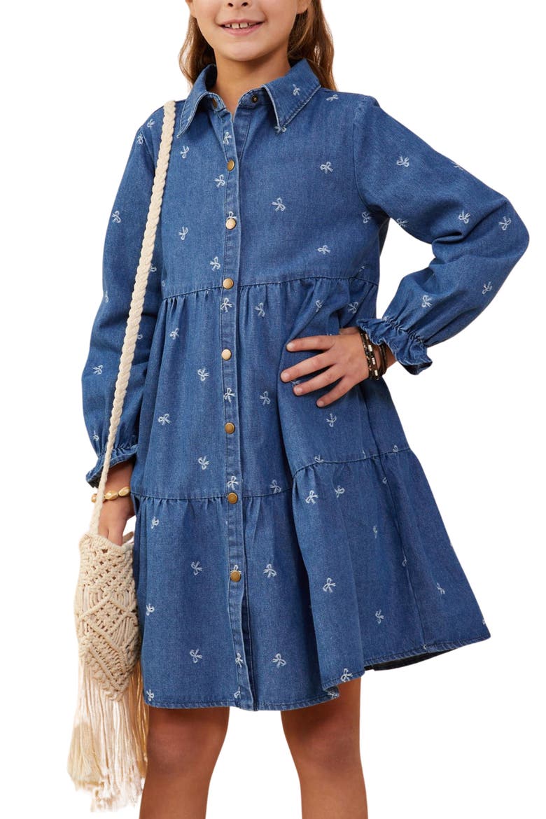 Kids' Bow Print Denim Tiered Shirtdress, Alternate, color, MID DENIM