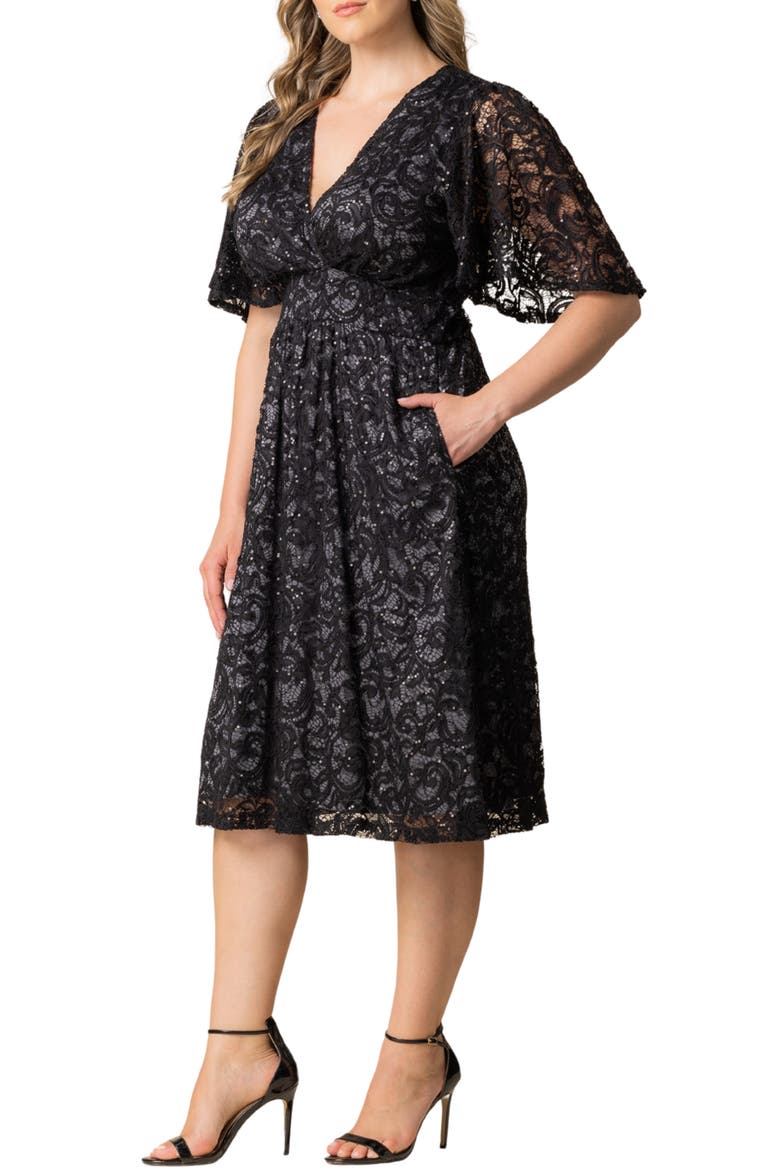 Starry Sequin Lace Fit & Flare Cocktail Dress, Alternate, color, STORM GREY
