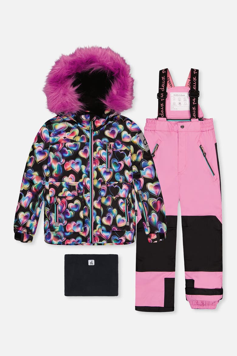 Play Heart Jacket & Reinforced Pants Two Piece Snowsuit, Main, color, Black Printed with Hearts