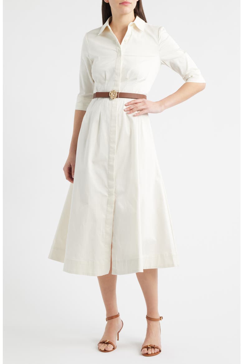 Elbow Sleeve Stretch Cotton Shirtdress, Main, color, WHITE DOVE