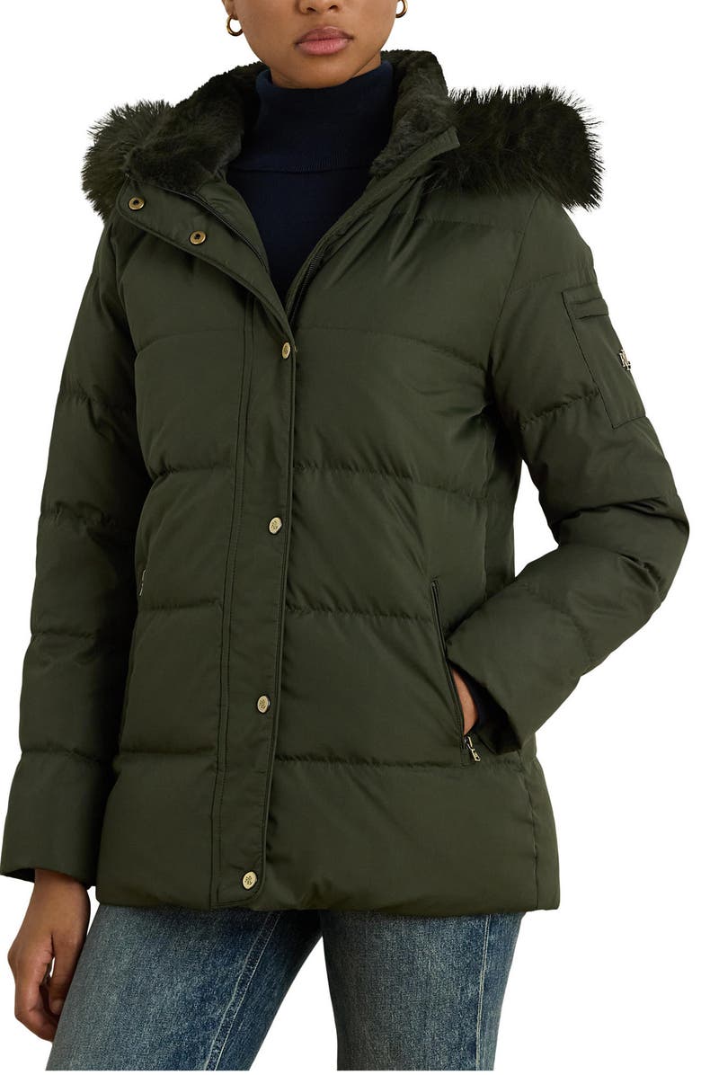 Lauren Ralph Lauren Icon Down & Feather Puffer with Faux Fur Trim Hood, Alternate, color,