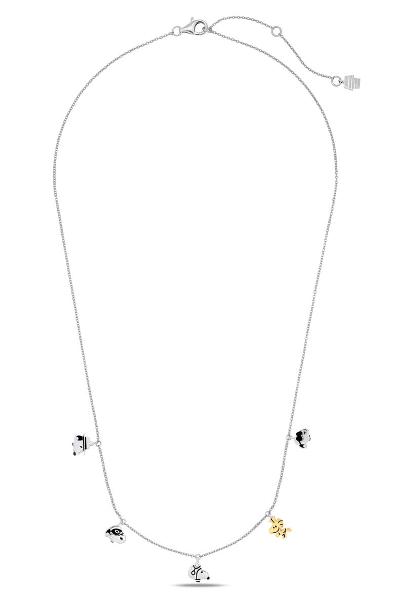 Crislu x Peanuts<sup>®</sup> Snoopy & Woodstock Charm Station Necklace, Main, color, Pure Platinum / Clear Stone